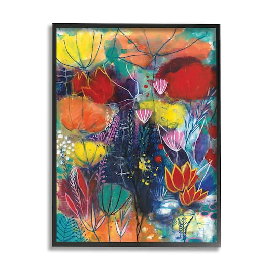 Stupell Industries Abstract Flower Field Orange Blue Yellow in Black Frame Wall Art